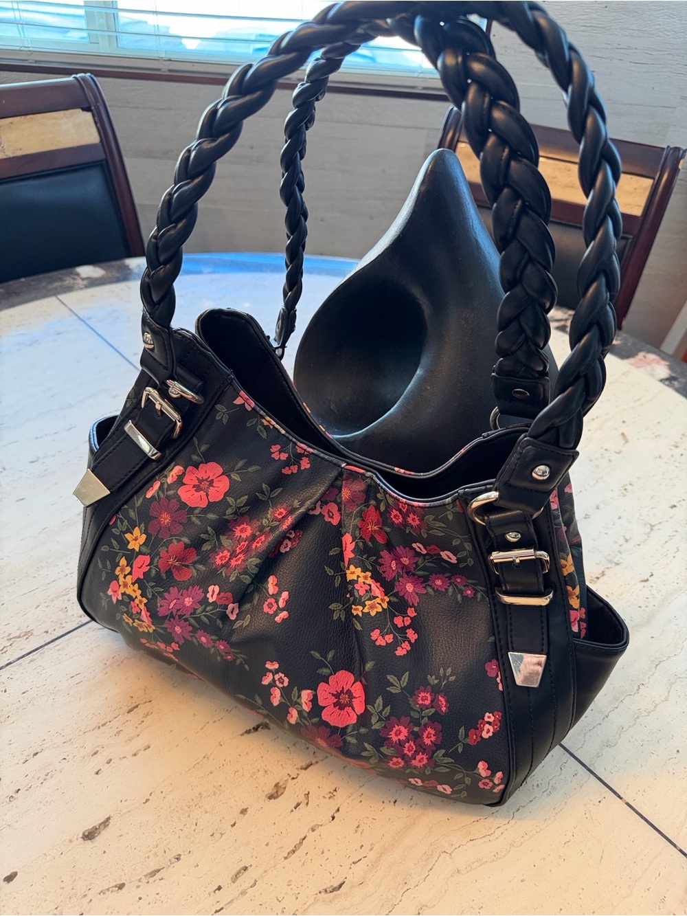 APT 9 Black Floral Shoulder Bag with Braided Handles & Gold Snap Button Closure